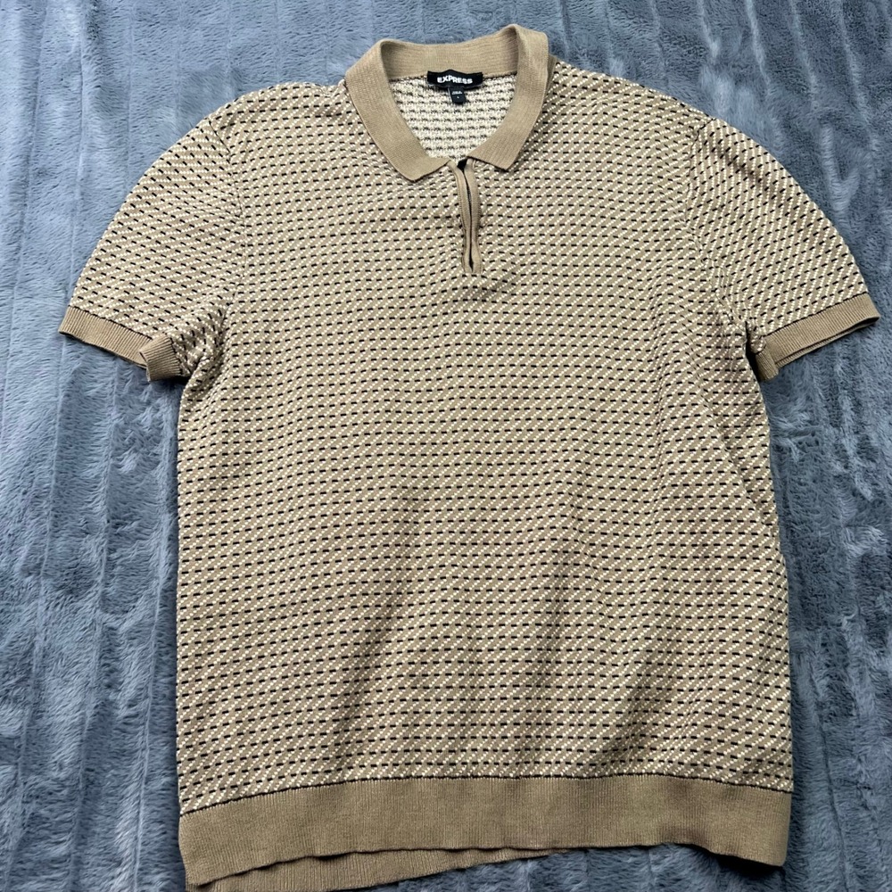 Express Mens Tan Beige Knit Quarter Zip Polo Shirt Short Sleeve Size L 12063